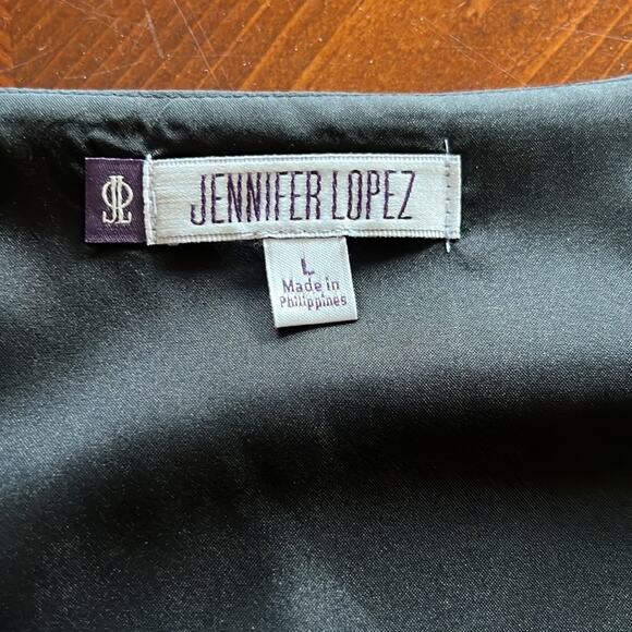Jennifer Lopez Woman Size L Black Silky Dress Long Flowy Sleeves LBD Smocked - Picture 5 of 13